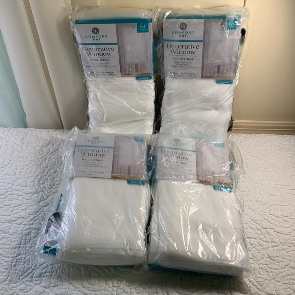 Comfort Bay 4 piece White Decorative sheer Window 60w x 84 L Curtain panels NEW